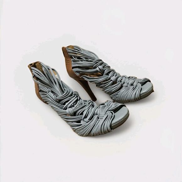 Gianni Bini Rigby Woven Leather Peep-Toe Heels Woman Shoes Light Blue Brown 7m - Picture 3 of 9